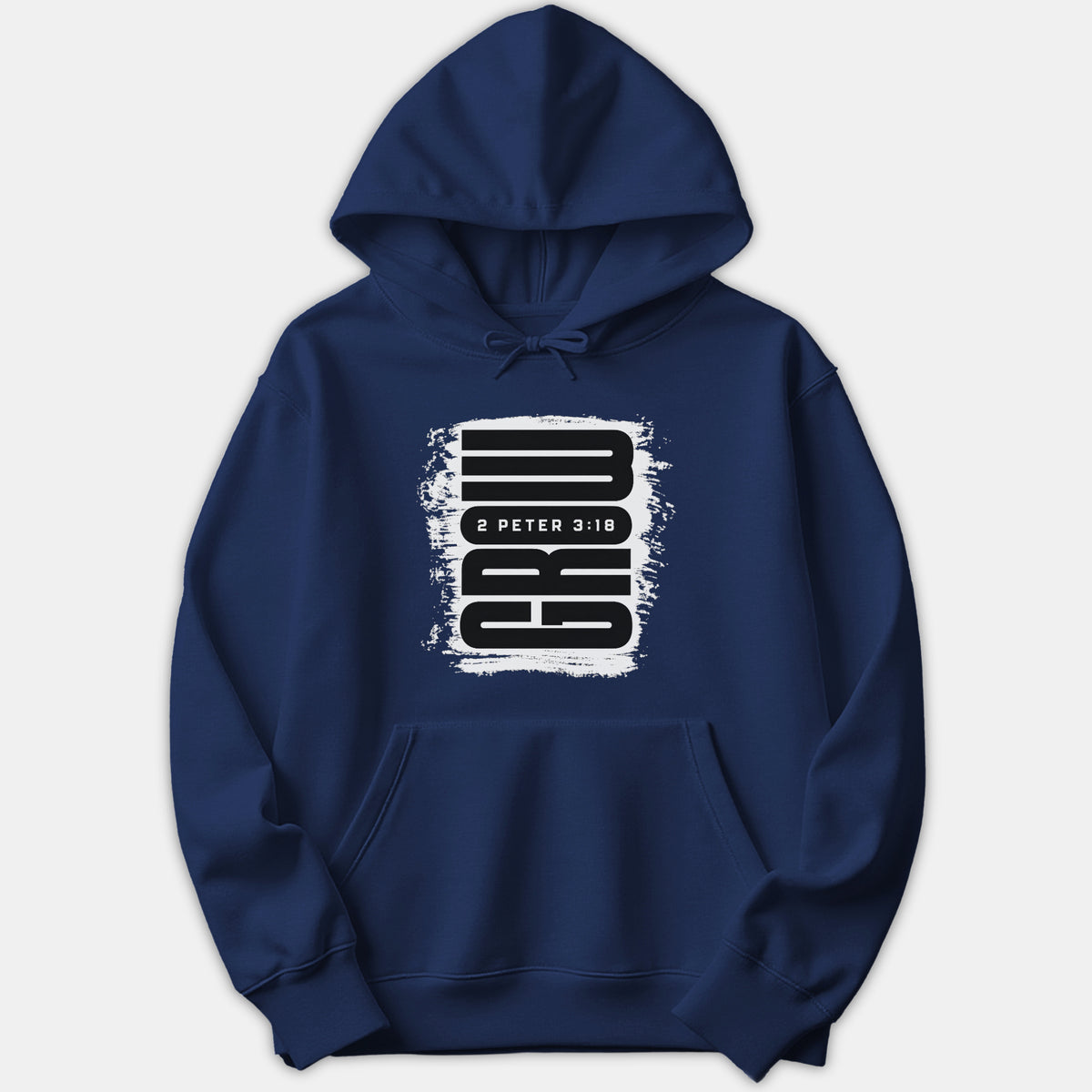 A navy blue pullover hoodie featuring a distressed white graphic print with bold black lettering that reads GROW alongside the scripture reference 2 Peter 3:18.