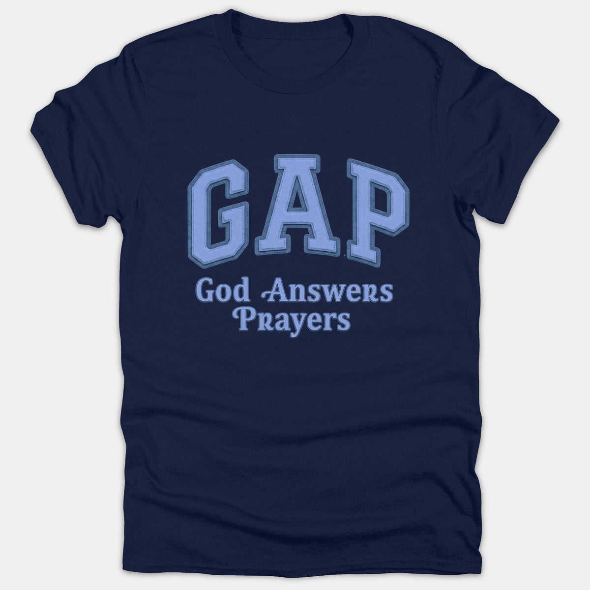 A navy blue t-shirt featuring a light blue graphic that reads GAP God Answers Prayers in a collegiate varsity font.