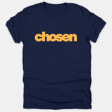 A navy blue Christian t-shirt featuring the word chosen printed in bold yellow lettering across the center.