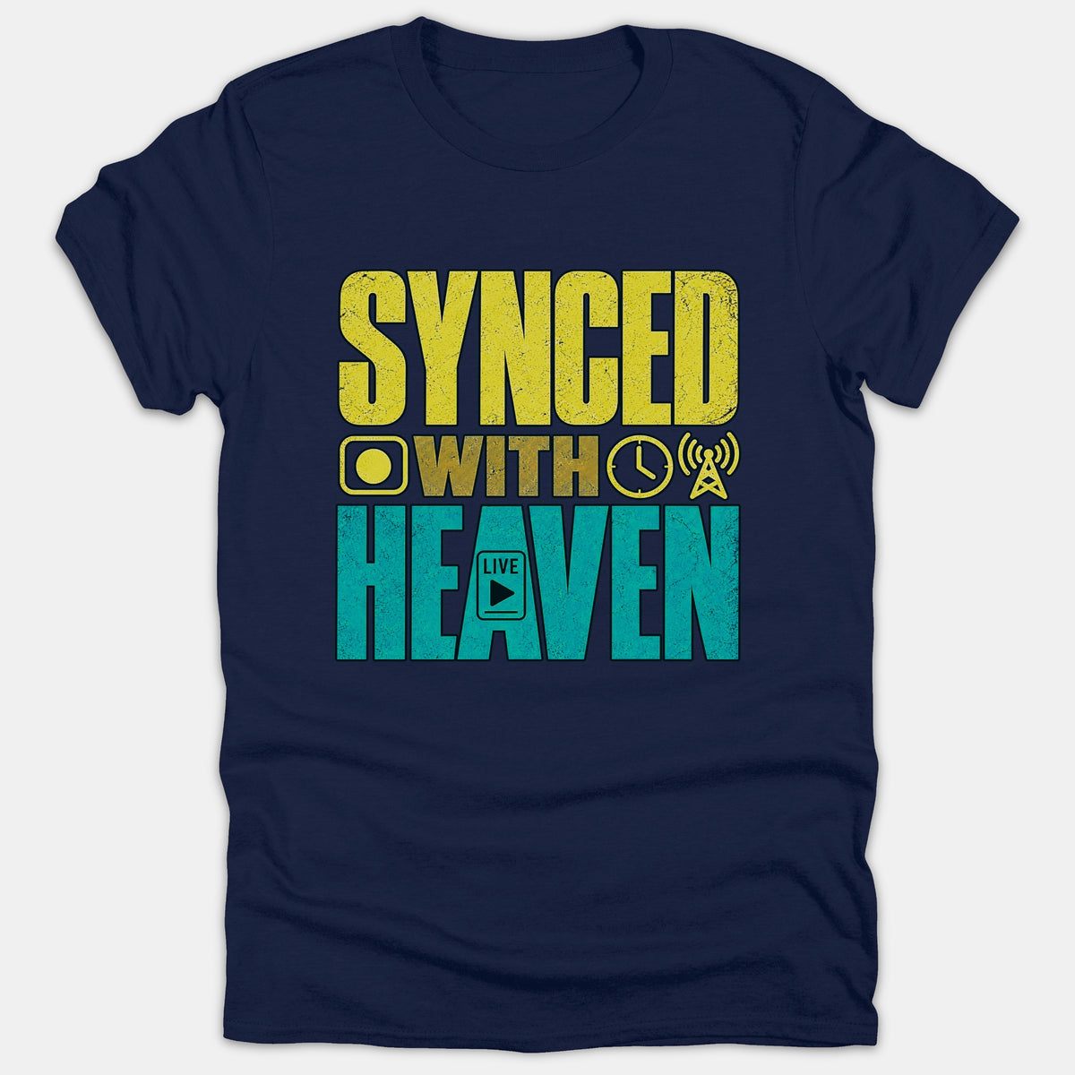 Navy blue t-shirt featuring the distressed text SYNCED WITH HEAVEN printed in bold yellow and teal graphic lettering alongside live broadcast icons.