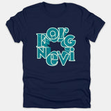 A navy blue t-shirt featuring the word FORGIVEN rendered in a circular 3D vintage typography graphic in teal and white.