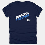 A navy blue t-shirt featuring the word FORGIVEN printed twice in slanted white and blue text alongside a small white tomb graphic with a cross.
