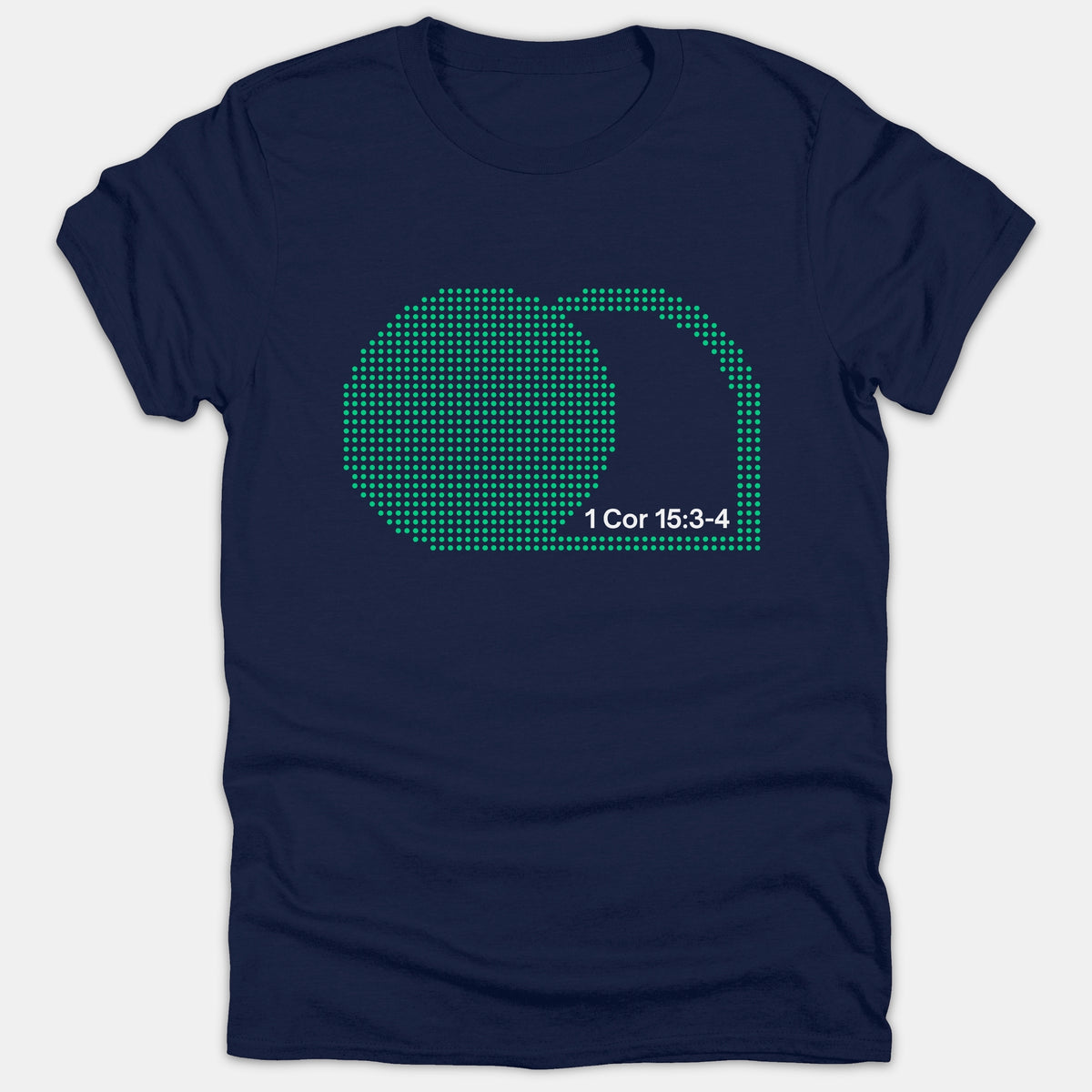 A navy blue T-shirt featuring a green dotted graphic of an empty tomb with the Bible reference 1 Cor 15:3-4 printed in white.