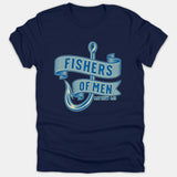 A navy blue t-shirt featuring a large graphic fish hook interwoven with banners reading 'Fishers of Men' and the scripture reference 'Matthew 4:19'.