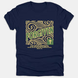 A navy blue Christian t-shirt featuring a ornate graphic with the word FORGIVEN in green above decorative golden swirls and the Micah 7:19 scripture verse.