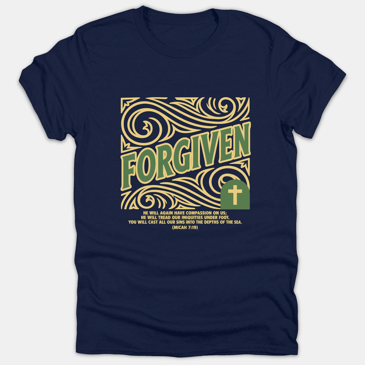 A navy blue Christian t-shirt featuring a ornate graphic with the word FORGIVEN in green above decorative golden swirls and the Micah 7:19 scripture verse.