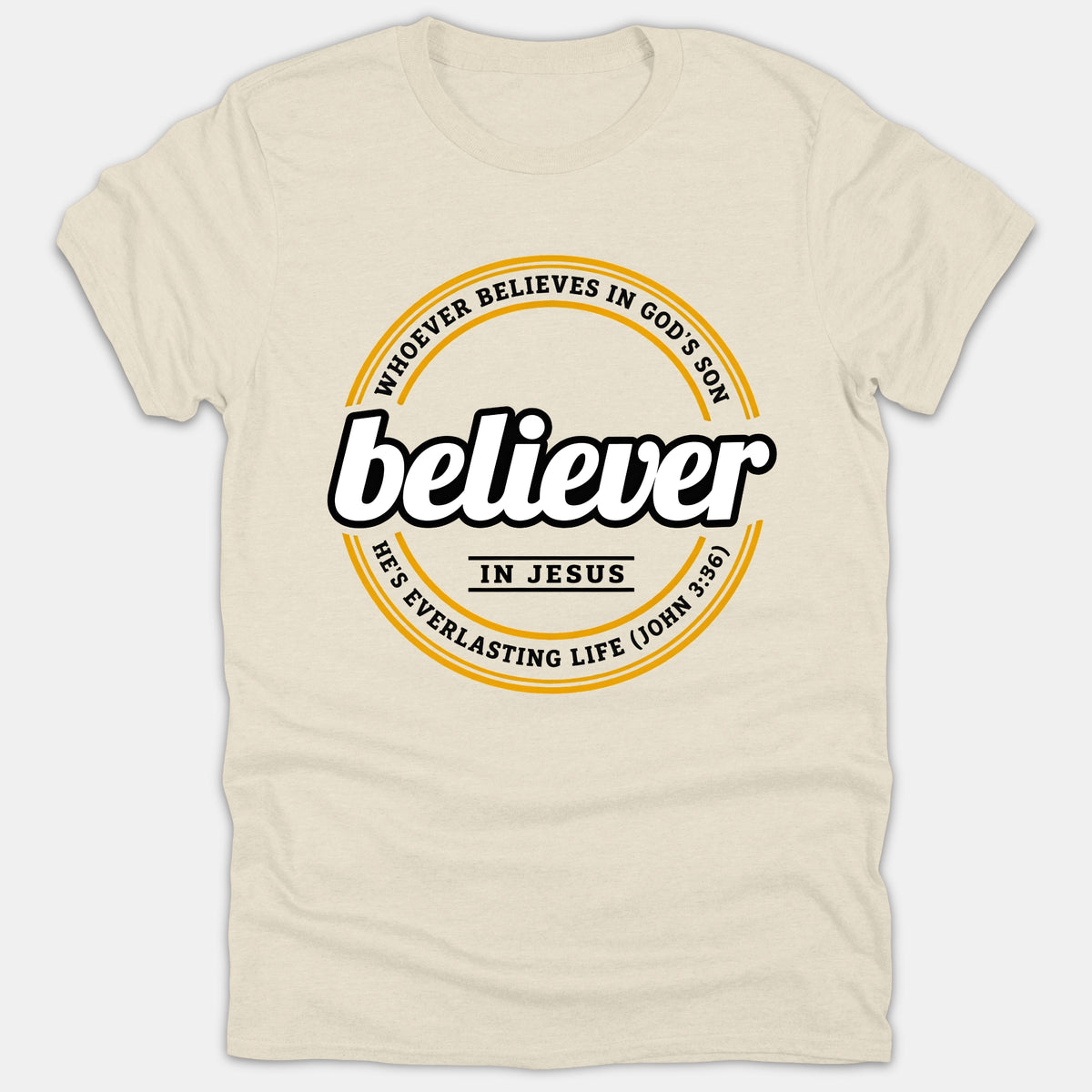 A beige Christian T-shirt featuring a circular badge emblem that reads 'believer in Jesus' surrounded by John 3:36 scripture text.