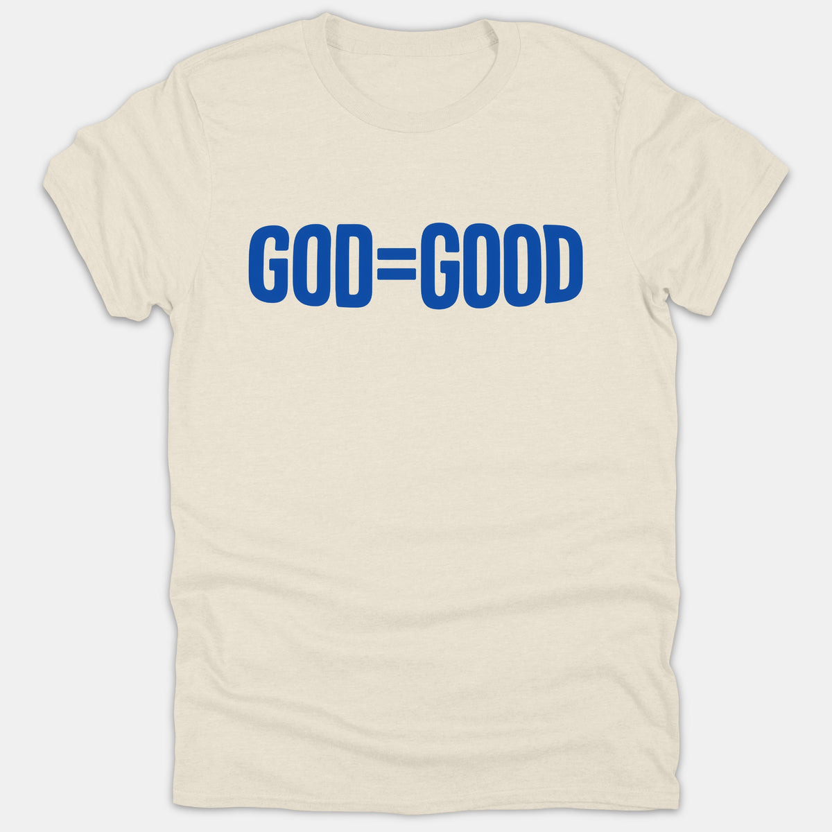 A beige t-shirt featuring the text GOD=GOOD printed across the chest in bold blue lettering.