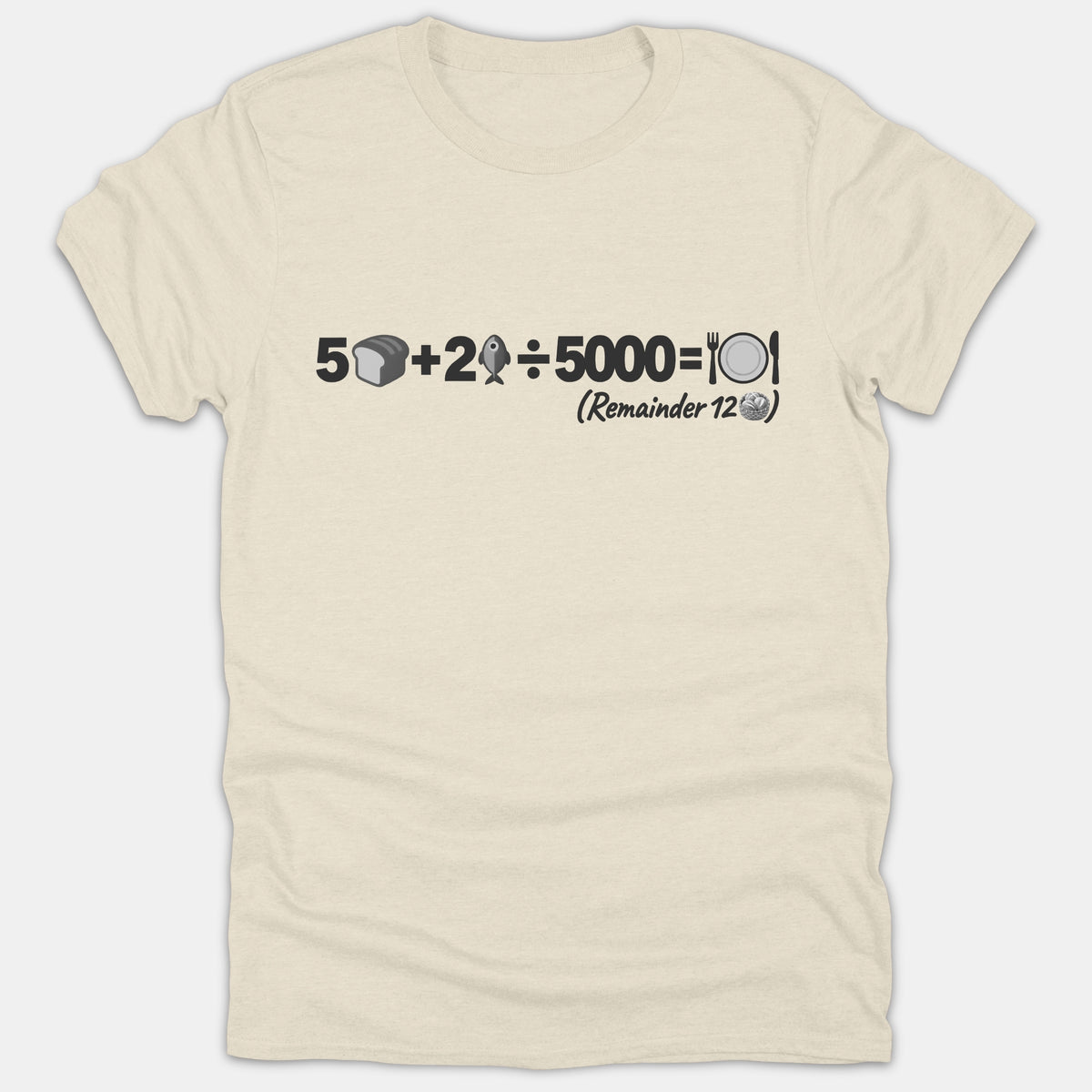 A beige Christian t-shirt featuring a funny math equation graphic depicting the miracle of five loaves and two fish divided by 5000 with a remainder of 12 baskets.
