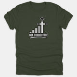 A dark green Christian t-shirt featuring a Wi-Fi signal bar graphic with a cross and the text 'GET CONNECTED!' printed on the front.