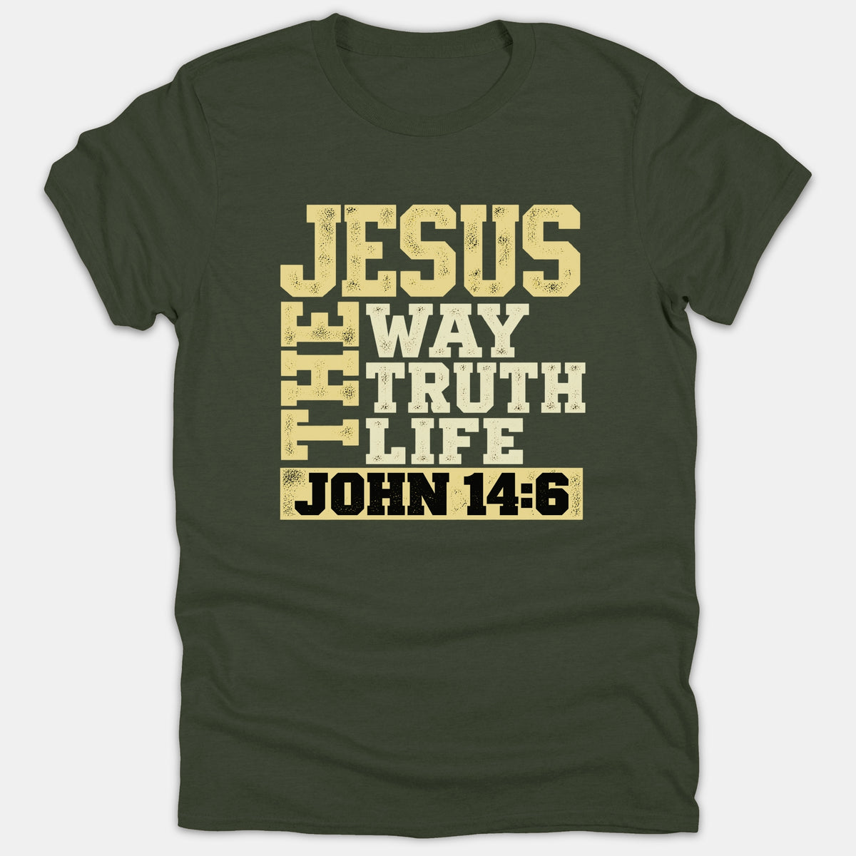 A dark green Christian T-shirt featuring a vintage typography design reading 'JESUS THE WAY TRUTH LIFE JOHN 14:6' in beige and black print.