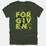 A dark green Christian t-shirt featuring a bold graphic design with the word FORGIVEN, accented by the text By Grace and Through Faith in neon green typography.