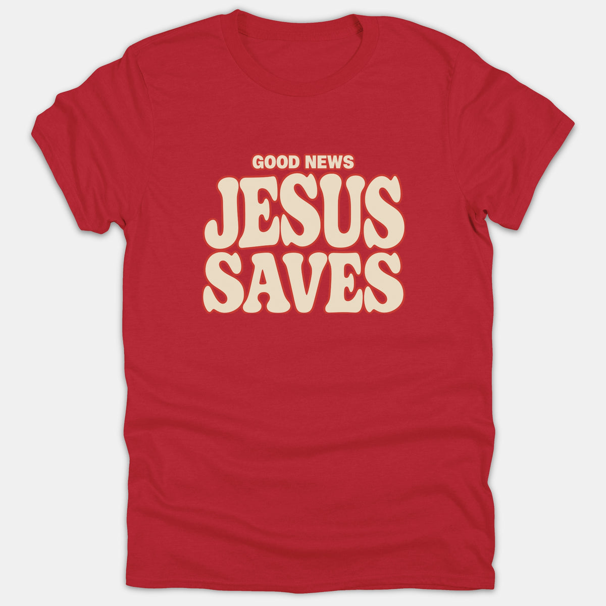 A red Christian t-shirt featuring the phrase GOOD NEWS JESUS SAVES printed in a bold retro beige font across the chest.