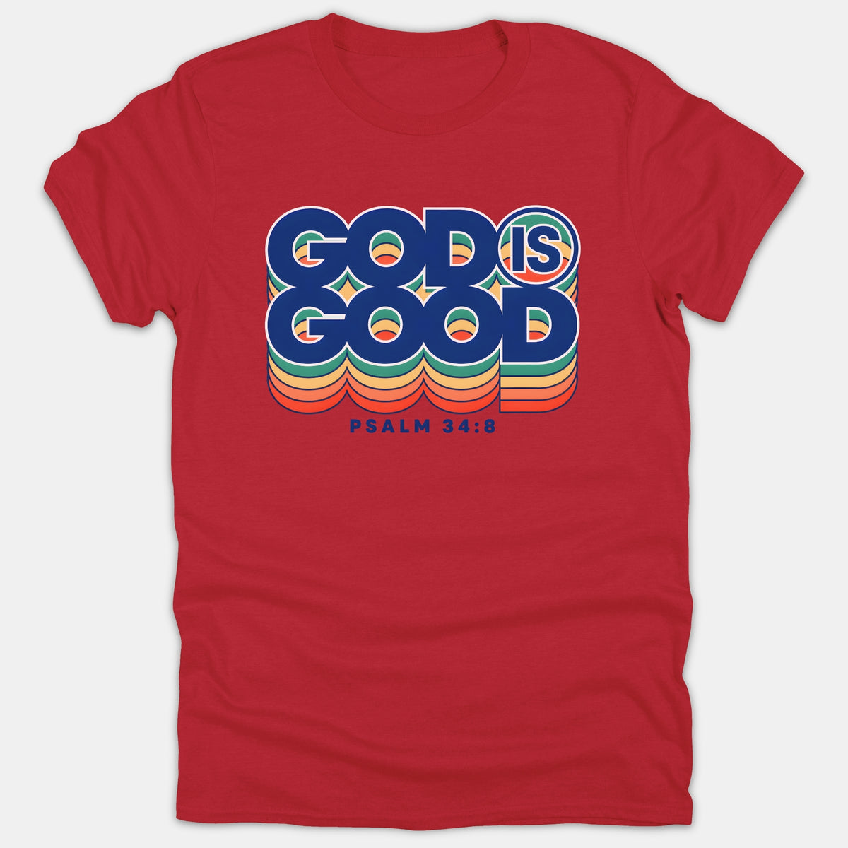 A red Christian t-shirt featuring a retro layered typography graphic that reads GOD IS GOOD with the scripture reference PSALM 34:8 below it.