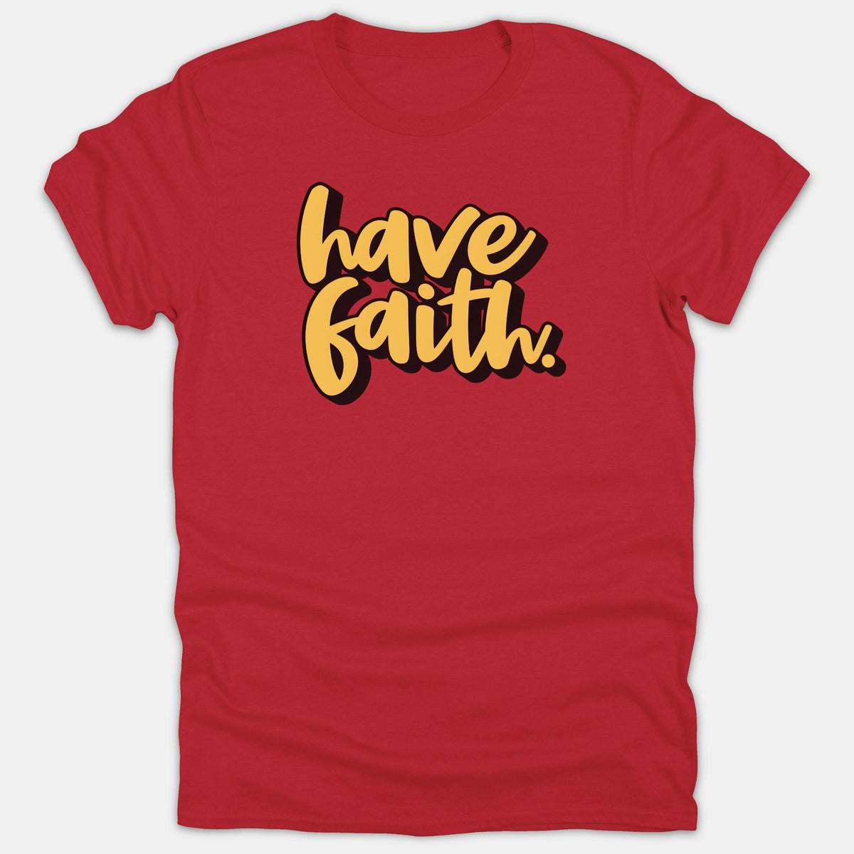 A red Christian t-shirt featuring the words 'have faith.' in bold yellow retro script with a black drop shadow across the center chest.