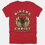 A red Christian T-shirt featuring an ornate cross with wings and a rose, surrounded by the text Bikers For Christ Fueled By Faith.