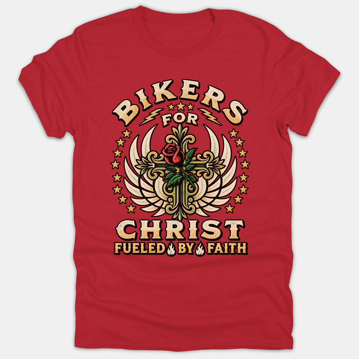 A red Christian T-shirt featuring an ornate cross with wings and a rose, surrounded by the text Bikers For Christ Fueled By Faith.