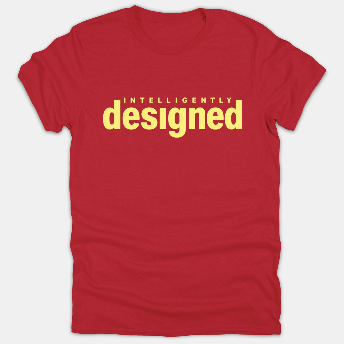 A red Christian t-shirt featuring the text 'INTELLIGENTLY designed' printed in bold yellow text across the chest.