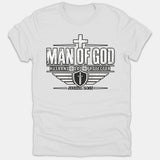 A white Christian T-shirt featuring a distressed black graphic with a cross, shield, and sword that reads 'Man of God, Husband, Dad, Protector, Joshua 24:15'.