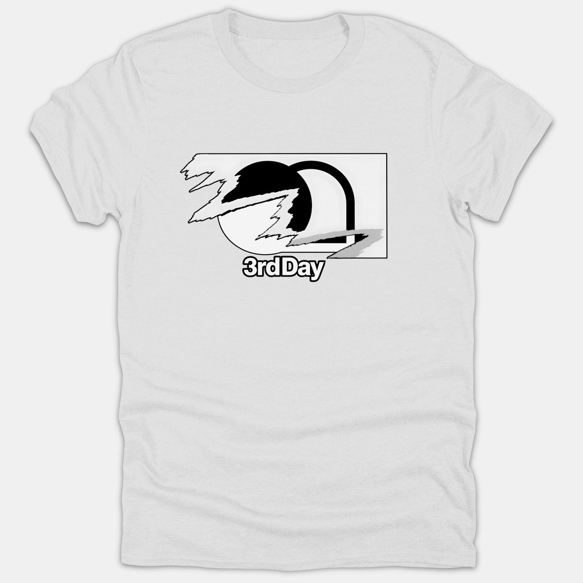 A white Christian t-shirt featuring a black and gray logo graphic depicting an empty tomb with the text 3rdDay.
