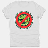 A white T-shirt featuring a circular graphic with a green chameleon inside a red prohibition symbol, encircled by the scripture Romans 12:2.