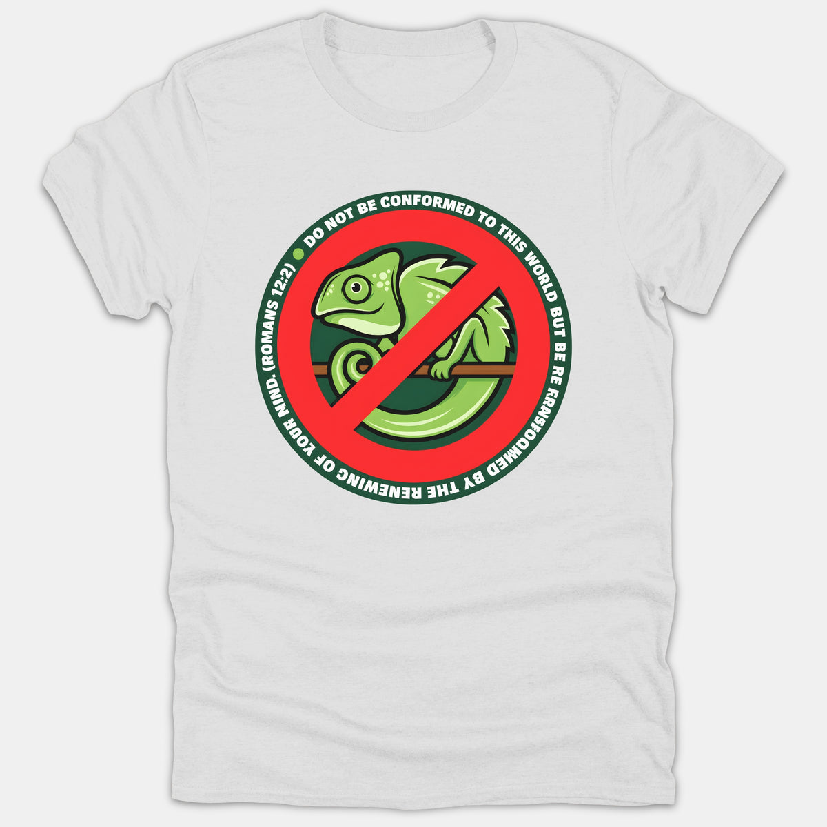 A white T-shirt featuring a circular graphic with a green chameleon inside a red prohibition symbol, encircled by the scripture Romans 12:2.